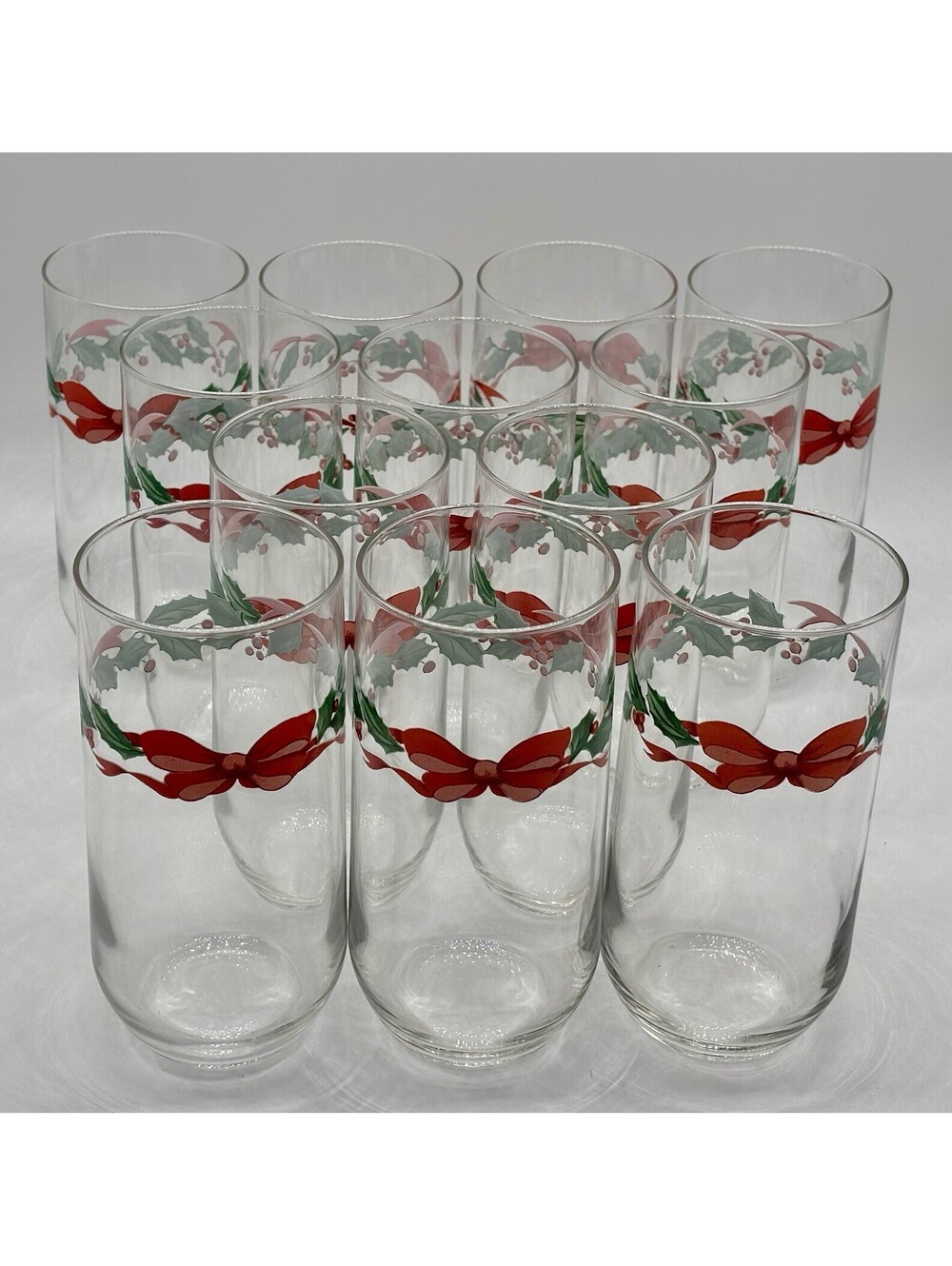 Vintage Luminarc Durand Christmas Holly Red Bow Glasses Set of 12 Tumblers